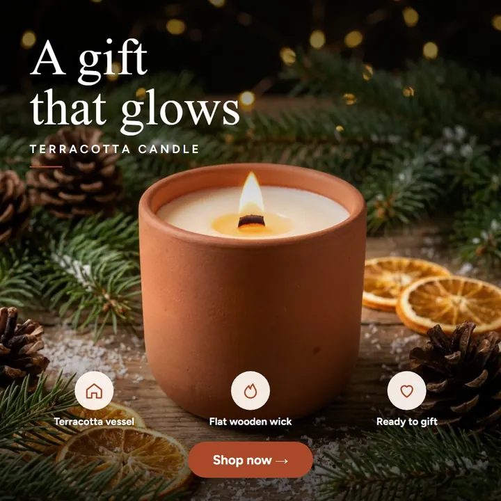 Square 1:1 ad: the terracotta candle with the headline 'A gift that glows', three USP icons and a Shop now button.