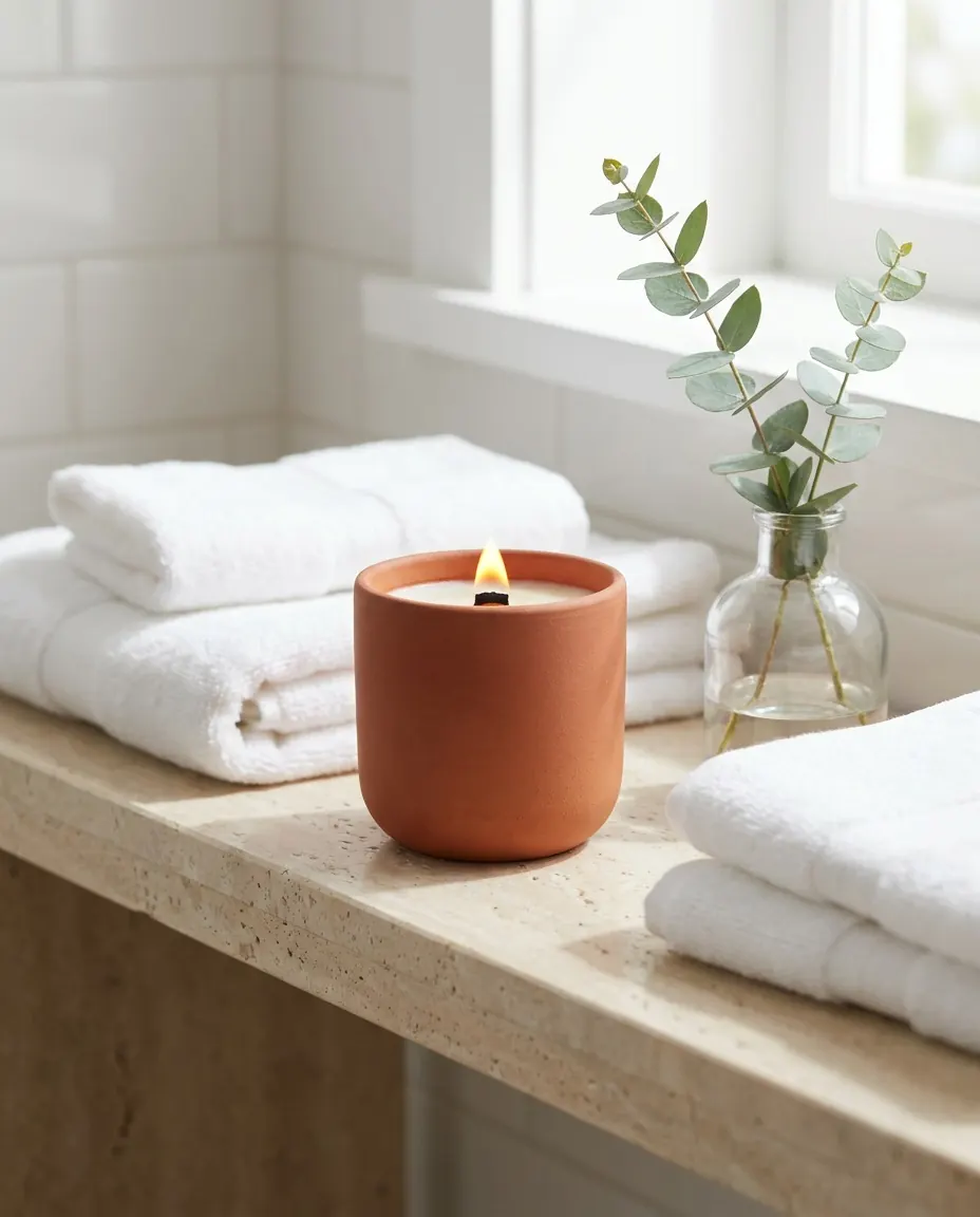 The candle on a spa bathroom shelf with white towels and eucalyptus.