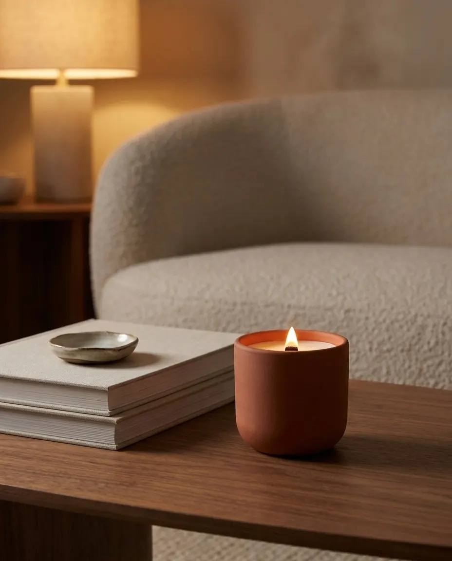 The lit candle on a side table next to books and an armchair in the evening.