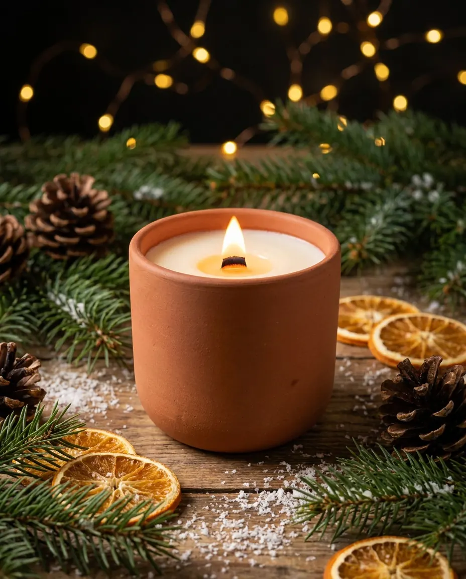 Delivered scene: the same candle, lit, among pine branches and dried orange slices.
