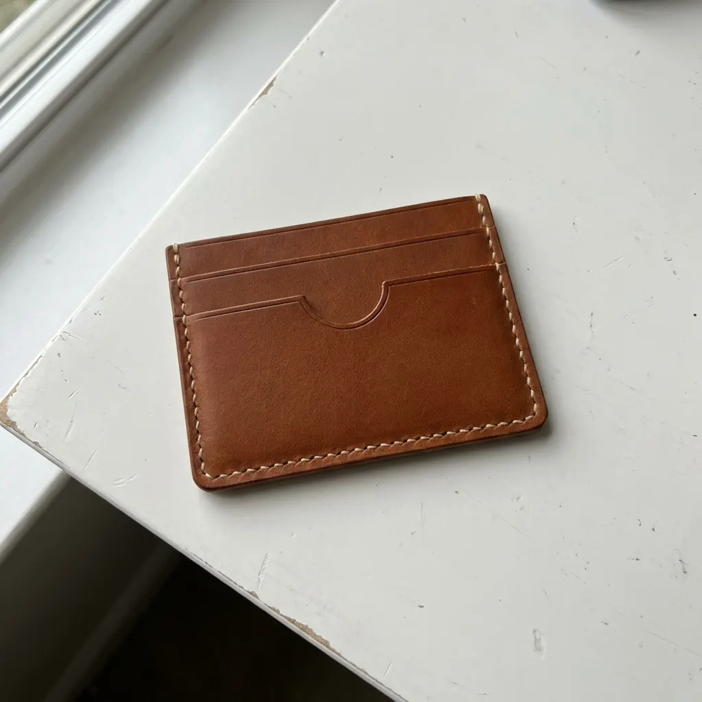 Seller's photo of the leather card holder on a white windowsill.