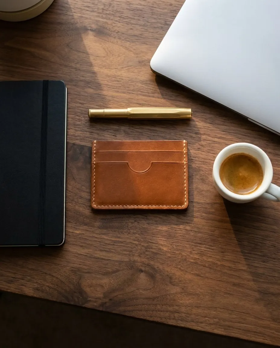 The card holder on a walnut desk with notebook, brass pen and espresso.