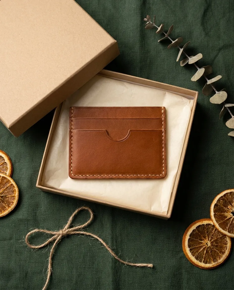 The card holder in an open kraft gift box on green linen.