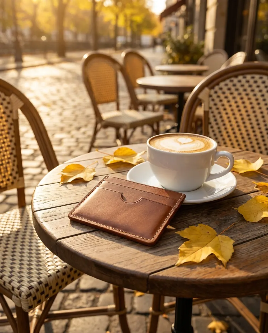 The card holder on a street café table with a cappuccino and autumn leaves.