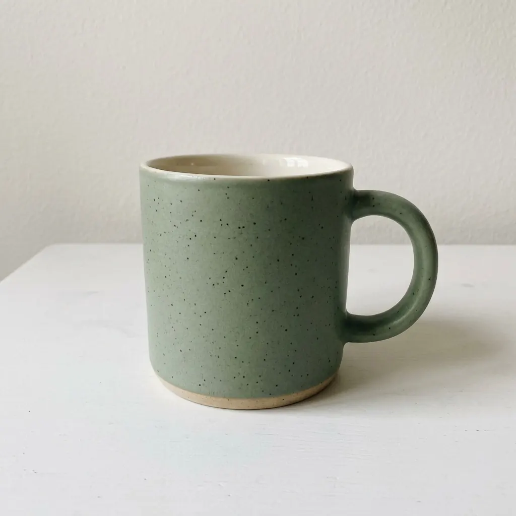 The seller's photo: a matte sage green speckled mug on a white table.