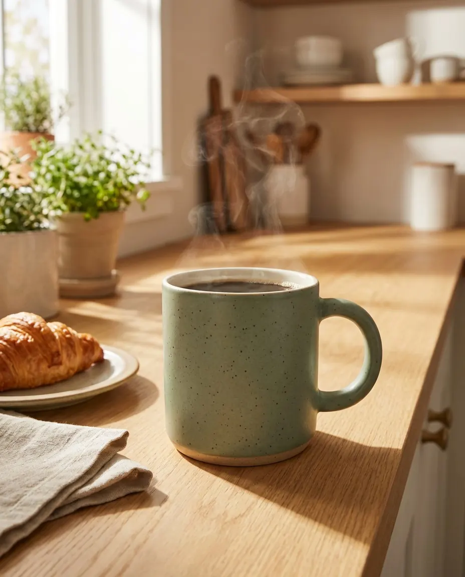 Delivered scene: the same mug with coffee on a sunlit wooden kitchen counter.