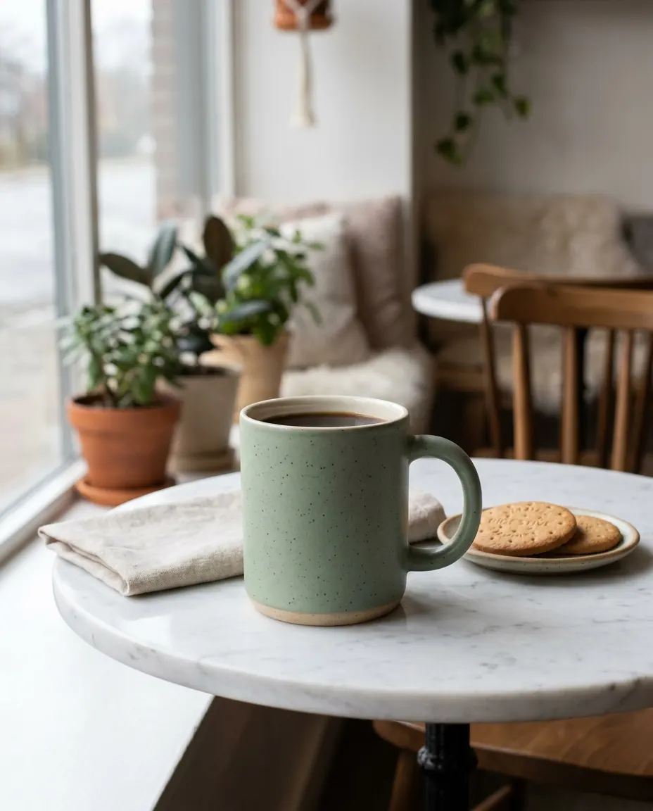 The mug on a round marble café table by a window.