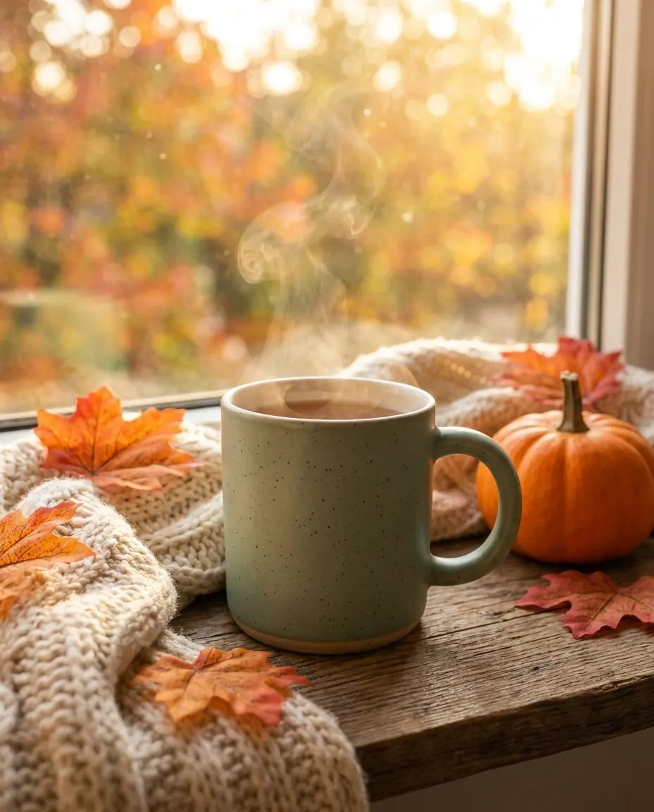 The mug on a windowsill with a knit blanket, a small pumpkin and autumn leaves.