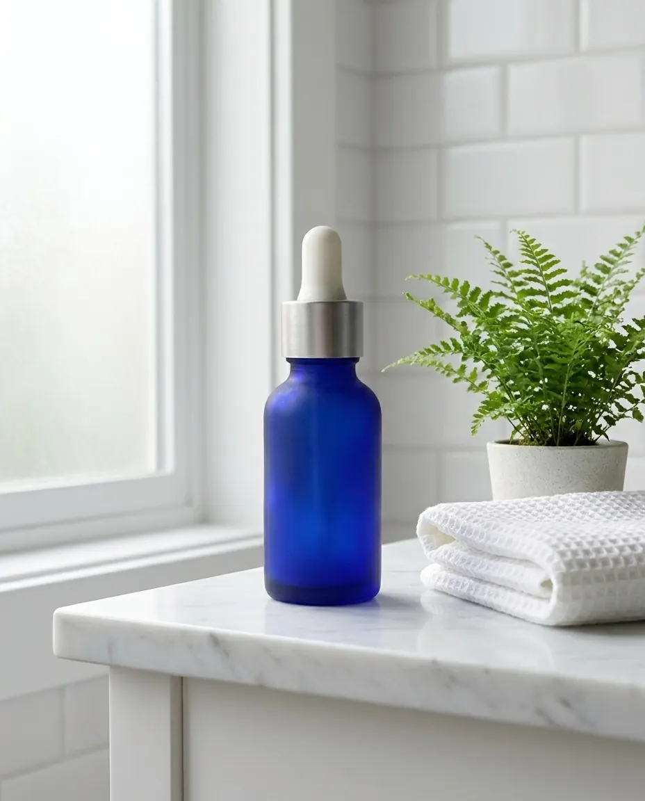 The bottle on a marble bathroom counter with a fern.