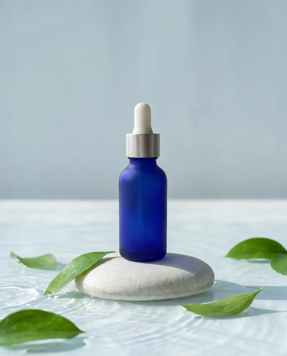 The bottle on a white pebble in shallow water with green leaves.