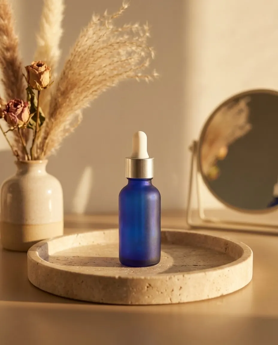 The bottle on a travertine tray beside dried flowers in warm light.